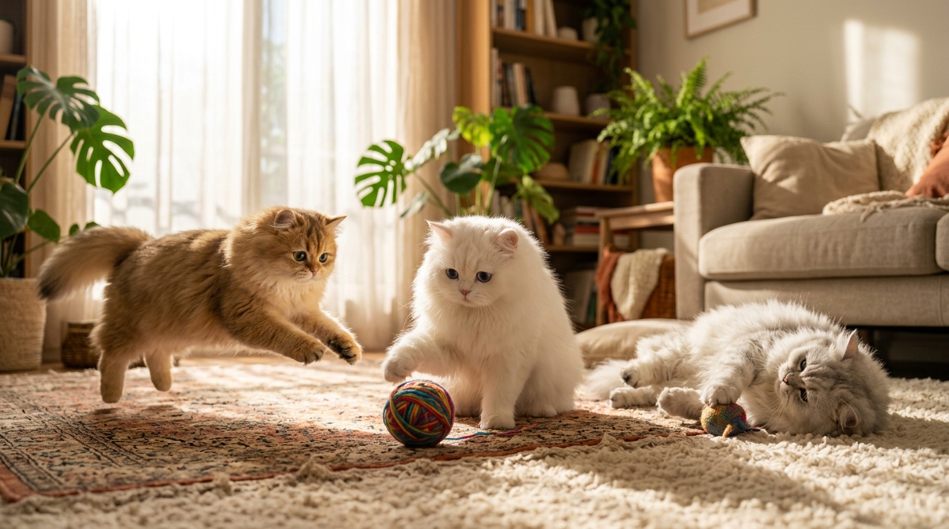 自由猫 FreeCat 官方 - 3只可爱波斯猫在阳光客厅欢快玩耍，象征自由灵动与极速网络连接